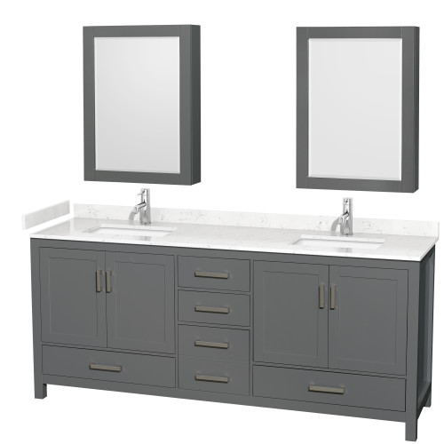 Wyndham WCS141480DKGC2UNSMED Sheffield 80 Inch Double Bathroom Vanity in Dark Gray, Carrara Cultured Marble Countertop, Undermount Square Sinks, Medicine Cabinets
