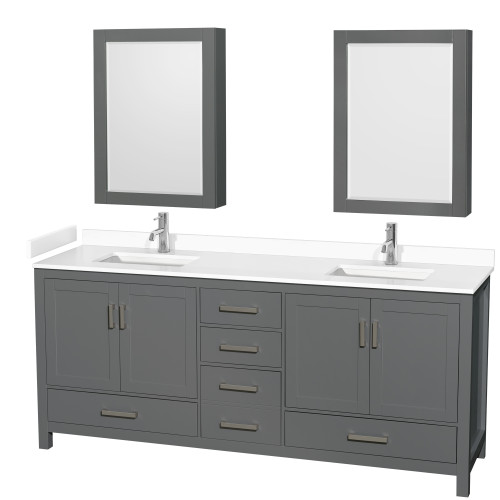 Wyndham WCS141480DKGWCUNSMED Sheffield 80 Inch Double Bathroom Vanity in Dark Gray, White Cultured Marble Countertop, Undermount Square Sinks, Medicine Cabinets