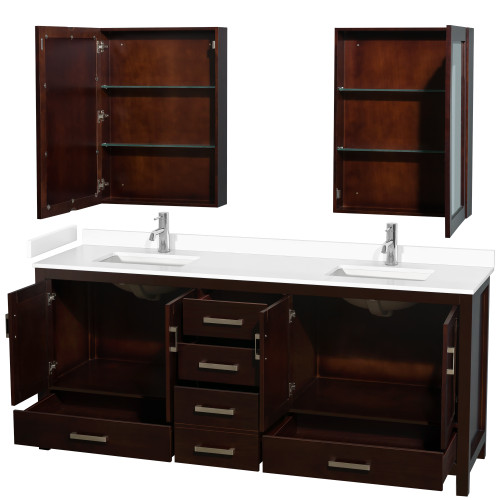 Wyndham WCS141480DESWCUNSMED Sheffield 80 Inch Double Bathroom Vanity in Espresso, White Cultured Marble Countertop, Undermount Square Sinks, Medicine Cabinets