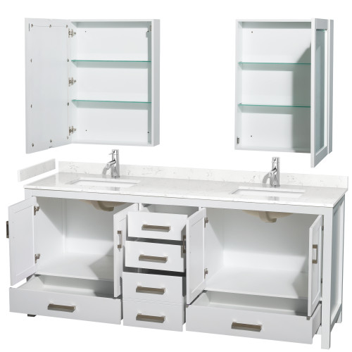 Wyndham WCS141480DWHC2UNSMED Sheffield 80 Inch Double Bathroom Vanity in White, Carrara Cultured Marble Countertop, Undermount Square Sinks, Medicine Cabinets