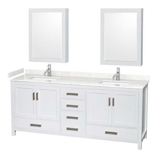 Wyndham WCS141480DWHC2UNSMED Sheffield 80 Inch Double Bathroom Vanity in White, Carrara Cultured Marble Countertop, Undermount Square Sinks, Medicine Cabinets