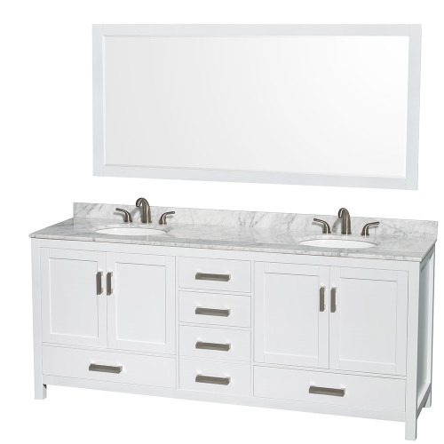 Wyndham WCS141480DWHCMUNOM70 Sheffield 80 Inch Double Bathroom Vanity in White, White Carrara Marble Countertop, Undermount Oval Sinks, and 70 Inch Mirror