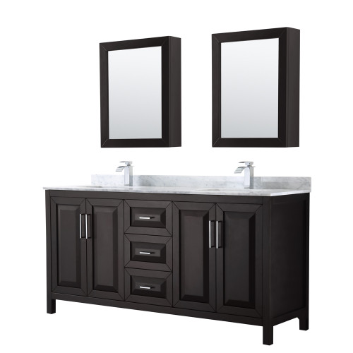 Wyndham WCV252572DDECMUNSMED Daria 72 Inch Double Bathroom Vanity in Dark Espresso, White Carrara Marble Countertop, Undermount Square Sinks, and Medicine Cabinets
