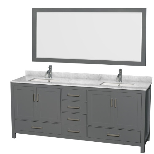Wyndham WCS141480DKGCMUNSM70 Sheffield 80 Inch Double Bathroom Vanity in Dark Gray, White Carrara Marble Countertop, Undermount Square Sinks, and 70 Inch Mirror