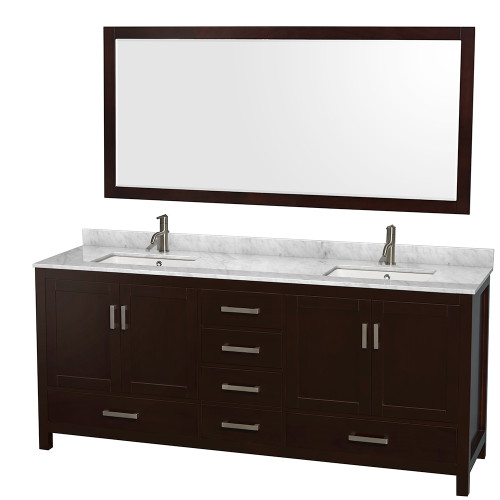 Wyndham WCS141480DESCMUNSM70 Sheffield 80 Inch Double Bathroom Vanity in Espresso, White Carrara Marble Countertop, Undermount Square Sinks, and 70 Inch Mirror