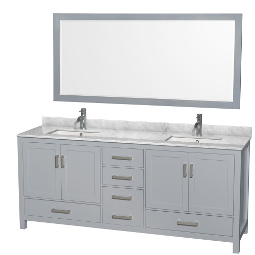 Wyndham WCS141480DGYCMUNSM70 Sheffield 80 Inch Double Bathroom Vanity in Gray, White Carrara Marble Countertop, Undermount Square Sinks, and 70 Inch Mirror