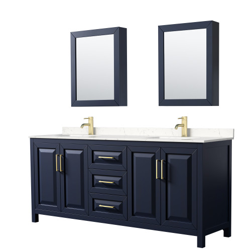 Wyndham WCV252580DBLC2UNSMED Daria 80 Inch Double Bathroom Vanity in Dark Blue, Light-Vein Carrara Cultured Marble Countertop, Undermount Square Sinks, Medicine Cabinets