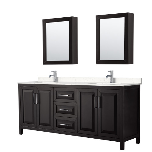 Wyndham WCV252580DDEC2UNSMED Daria 80 Inch Double Bathroom Vanity in Dark Espresso, Light-Vein Carrara Cultured Marble Countertop, Undermount Square Sinks, Medicine Cabinets