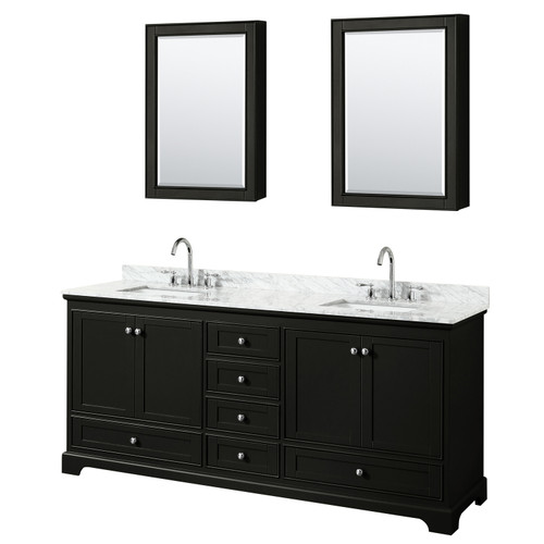 Wyndham WCS202080DDECMUNSMED Deborah 80 Inch Double Bathroom Vanity in Dark Espresso, White Carrara Marble Countertop, Undermount Square Sinks, and Medicine Cabinets