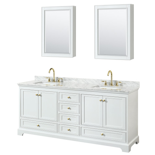 Wyndham WCS202080DWGCMUNSMED Deborah 80 Inch Double Bathroom Vanity in White, White Carrara Marble Countertop, Undermount Square Sinks, Brushed Gold Trim, Medicine Cabinets