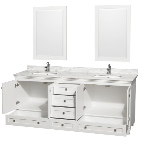 Wyndham WCV800080DWHCMUNSM24 Acclaim 80 Inch Double Bathroom Vanity in White, White Carrara Marble Countertop, Undermount Square Sinks, and 24 Inch Mirrors