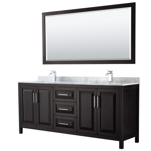 Wyndham WCV252580DDECMUNSM70 Daria 80 Inch Double Bathroom Vanity in Dark Espresso, White Carrara Marble Countertop, Undermount Square Sinks, and 70 Inch Mirror