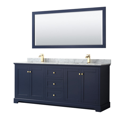 Wyndham WCV232380DBLCMUNSM70 Avery 80 Inch Double Bathroom Vanity in Dark Blue, White Carrara Marble Countertop, Undermount Square Sinks, and 70 Inch Mirror