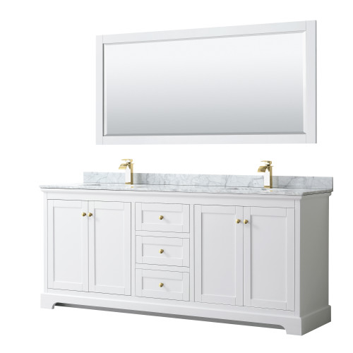 Wyndham WCV232380DWGCMUNSM70 Avery 80 Inch Double Bathroom Vanity in White, White Carrara Marble Countertop, Undermount Square Sinks, 70 Inch Mirror, Brushed Gold Trim