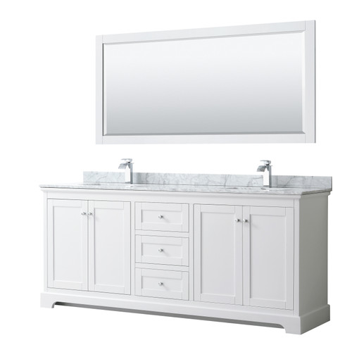 Wyndham WCV232380DWHCMUNSM70 Avery 80 Inch Double Bathroom Vanity in White, White Carrara Marble Countertop, Undermount Square Sinks, and 70 Inch Mirror