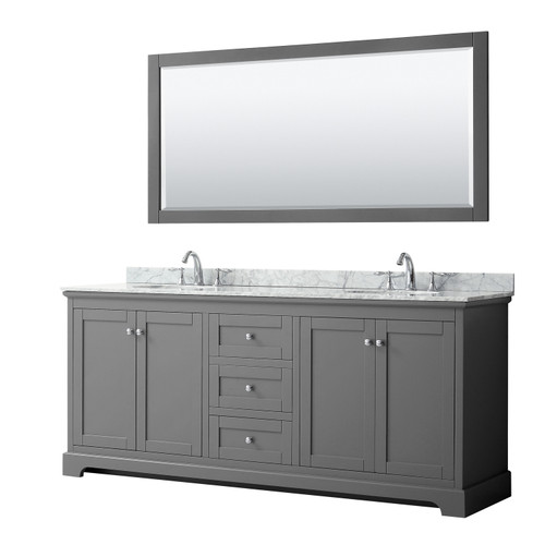 Wyndham WCV232380DKGCMUNOM70 Avery 80 Inch Double Bathroom Vanity in Dark Gray, White Carrara Marble Countertop, Undermount Oval Sinks, and 70 Inch Mirror