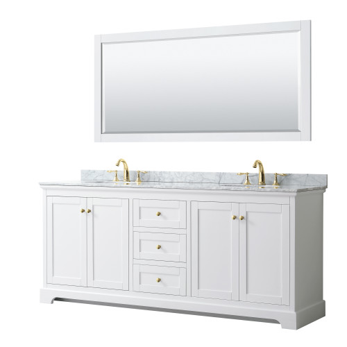 Wyndham WCV232380DWGCMUNOM70 Avery 80 Inch Double Bathroom Vanity in White, White Carrara Marble Countertop, Undermount Oval Sinks, 70 Inch Mirror, Brushed Gold Trim
