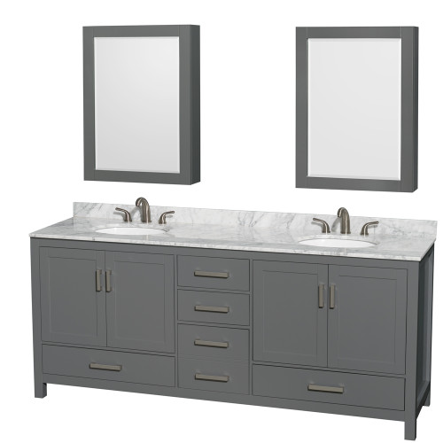 Wyndham WCS141480DKGCMUNOMED Sheffield 80 Inch Double Bathroom Vanity in Dark Gray, White Carrara Marble Countertop, Undermount Oval Sinks, and Medicine Cabinets