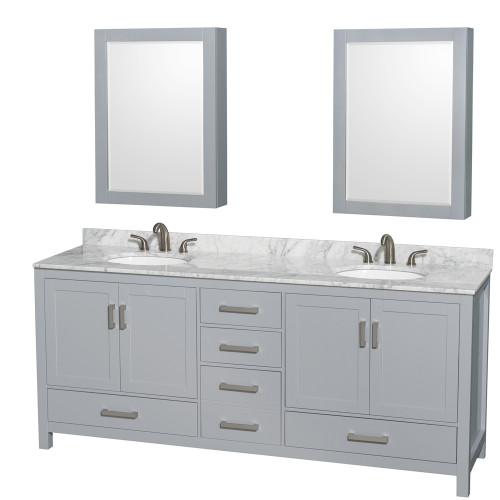 Wyndham WCS141480DGYCMUNOMED Sheffield 80 Inch Double Bathroom Vanity in Gray, White Carrara Marble Countertop, Undermount Oval Sinks, and Medicine Cabinets