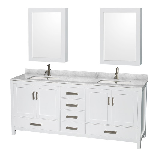 Wyndham WCS141480DWHCMUNSMED Sheffield 80 Inch Double Bathroom Vanity in White, White Carrara Marble Countertop, Undermount Square Sinks, and Medicine Cabinets