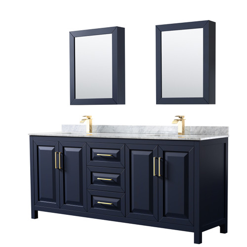 Wyndham WCV252580DBLCMUNSMED Daria 80 Inch Double Bathroom Vanity in Dark Blue, White Carrara Marble Countertop, Undermount Square Sinks, Medicine Cabinets