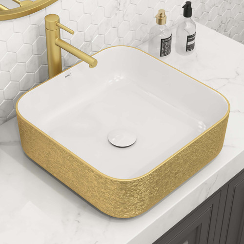 Ruvati 15 x 15 inch Bathroom Vessel Sink Gold Decorative Art Above Vanity Counter White Ceramic - RVB1414WG