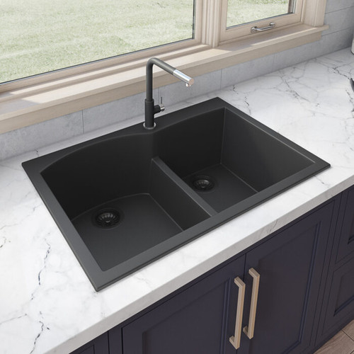 Ruvati 33 x 22 inch epiGranite Drop-in Topmount Granite Composite Double Bowl Kitchen Sink - Midnight Black - RVG1345BK