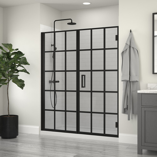Craft + Main Marina Hinge Shower Door & Inline Panel/Grid Glass 48" W x 74" H - Matte Black - MRHG4874-GR-MB