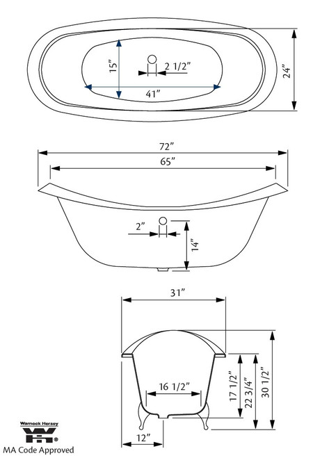 Cheviot 2112-WW-6-CH REGENCY Cast Iron Bathtub with Faucet Holes - 72" x 31" x 31.25" w/ Chrome Feet