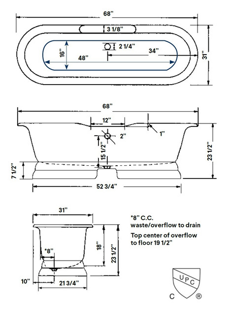 Cheviot 2120-WC-7 REGAL Cast Iron Free-Standing Bathtub with Pedestal Base and Faucet Holes - 68" x 31" x 24"