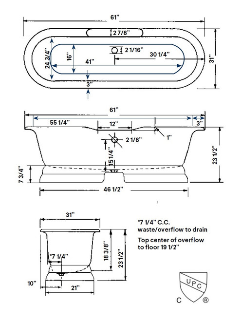 Cheviot 2139-BC REGAL Cast Iron Free-Standing Bathtub with Pedestal Base and Continuous Rolled Rim - 61" x 31" x 24"