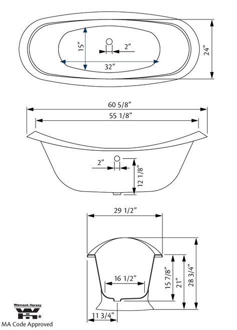 Cheviot 2151-WC-6 REGENCY Cast Iron Free-Standing Bathtub with Pedestal Base and Faucet Holes - 61" x 31" x 29"