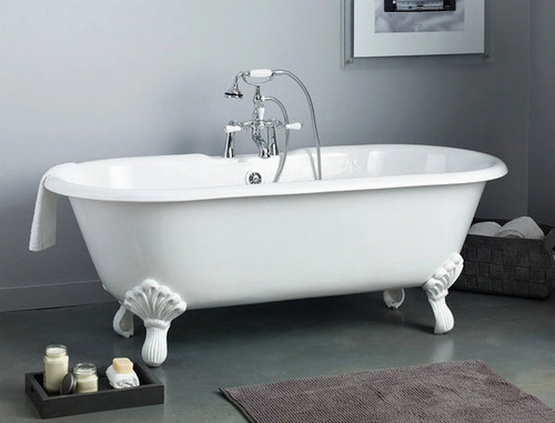 Cheviot 2170-WC-8-PB REGAL Cast Iron Bathtub with Faucet Holes and Shaughnessy Feet - 68" x 31" x 24" w/ Polished Brass Feet - Custom Color of Choice