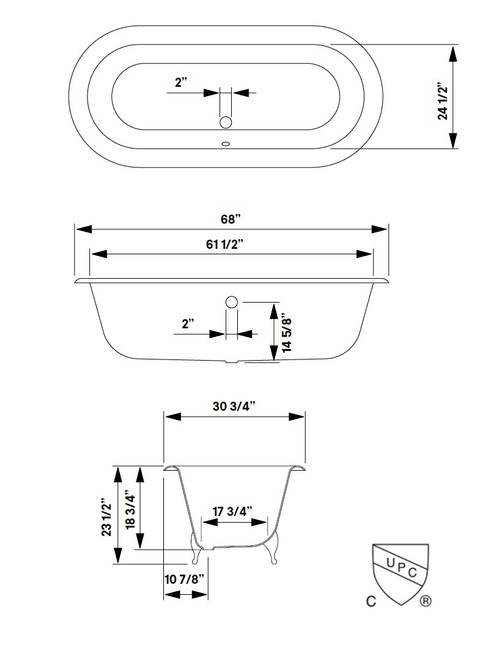 Cheviot 2171-WC-BN REGAL Cast Iron Bathtub with Continuous Rolled Rim and Shaughnessy Feet - 68" x 31" x 24" w/ Brushed Nickel Feet