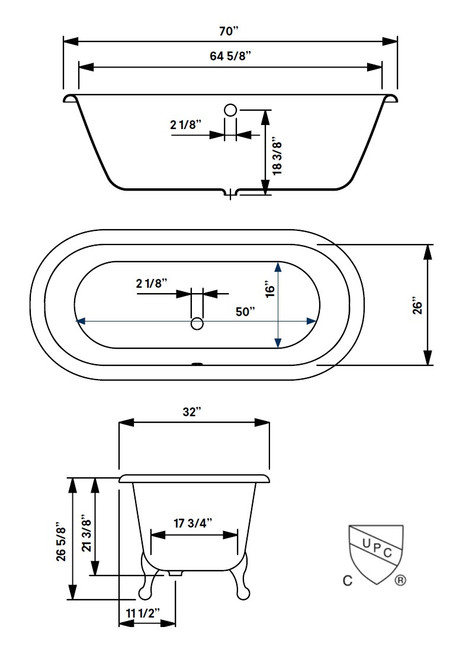 Cheviot 2180-WC-6-WH REGAL Cast Iron Bathtub with Faucet Holes and Shaughnessy Feet - 70" x 32" x 26" w/ White Feet