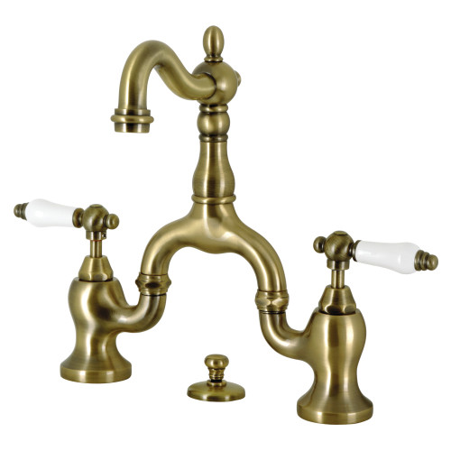 Kingston Brass KS7973PL English Country Bridge Bathroom Faucet with Brass Pop-Up, Antique Brass