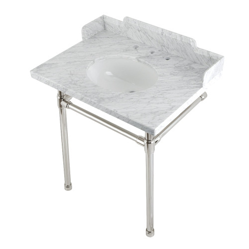 Kingston Brass LMS30M86ST Wesselman 30" Carrara Marble Console Sink with Stainless Steel Legs, Marble White/Polished Nickel