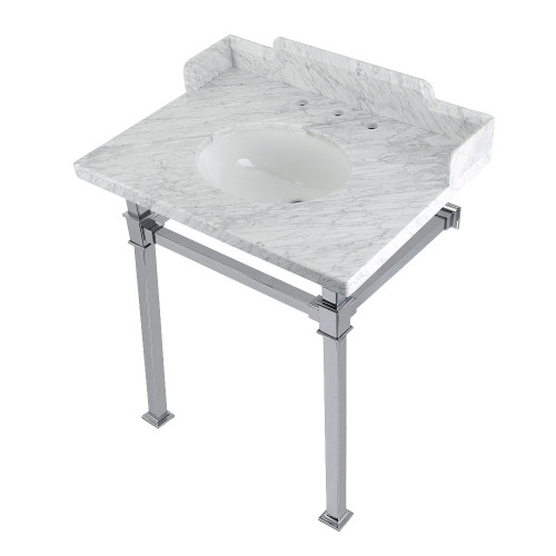 Kingston Brass LMS30MOQ1 Viceroy 30" Carrara Marble Console Sink with Stainless Steel Legs, Marble White/Polished Chrome