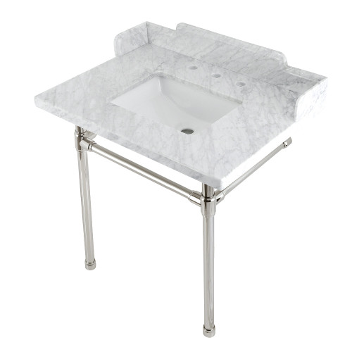 Kingston Brass LMS30M8SQ6ST Wesselman 30" Carrara Marble Console Sink with Stainless Steel Legs, Marble White/Polished Nickel