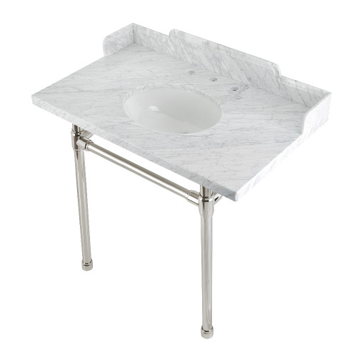 Kingston Brass LMS36M86ST Wesselman 36" Carrara Marble Console Sink with Stainless Steel Legs, Marble White/Polished Nickel