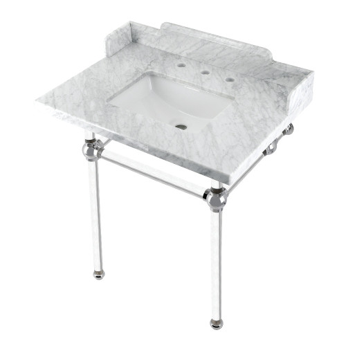 Kingston Brass LMS30MASQ1 Pemberton 30" Carrara Marble Console Sink with Acrylic Legs, Marble White/Polished Chrome