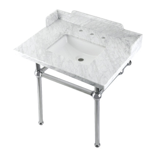 Kingston Brass LMS3030MBSQ1 Pemberton 30" Carrara Marble Console Sink with Brass Legs, Marble White/Polished Chrome