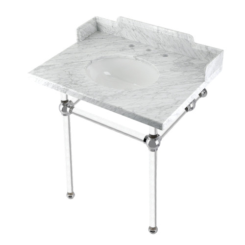 Kingston Brass LMS30MA1 Pemberton 30" Carrara Marble Console Sink with Acrylic Legs, Marble White/Polished Chrome