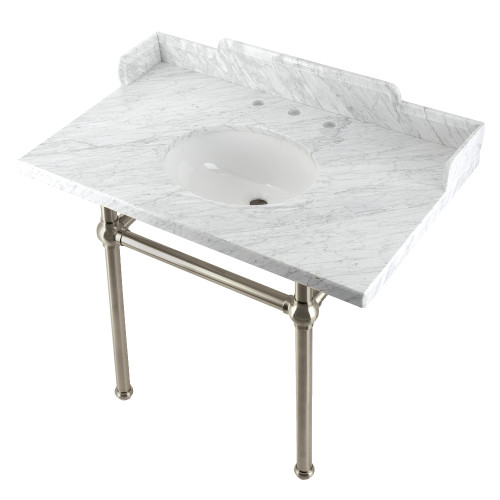 Kingston Brass LMS3630MB8 Pemberton 36" Carrara Marble Console Sink with Brass Legs, Marble White/Brushed Nickel