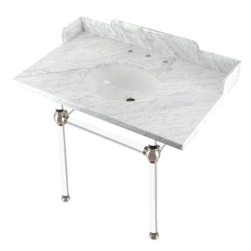 Kingston Brass LMS3630MA8 Pemberton 36" Carrara Marble Console Sink with Acrylic Legs, Marble White/Brushed Nickel
