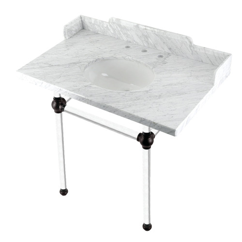 Kingston Brass LMS36MA5 Pemberton 36" Carrara Marble Console Sink with Acrylic Legs, Marble White/Oil Rubbed Bronze