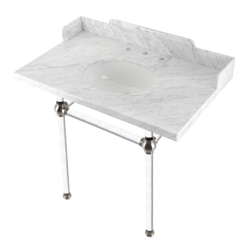 Kingston Brass LMS36MA8 Pemberton 36" Carrara Marble Console Sink with Acrylic Legs, Marble White/Brushed Nickel