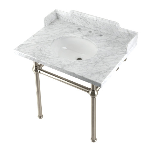Kingston Brass LMS3030MB8 Pemberton 30" Carrara Marble Console Sink with Brass Legs, Marble White/Brushed Nickel