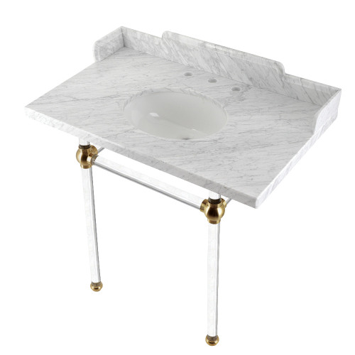 Kingston Brass LMS36MA7 Pemberton 36" Carrara Marble Console Sink with Acrylic Legs, Marble White/Brushed Brass