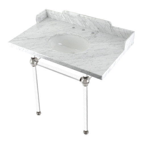 Kingston Brass LMS36MA6 Pemberton 36" Carrara Marble Console Sink with Acrylic Legs, Marble White/Polished Nickel